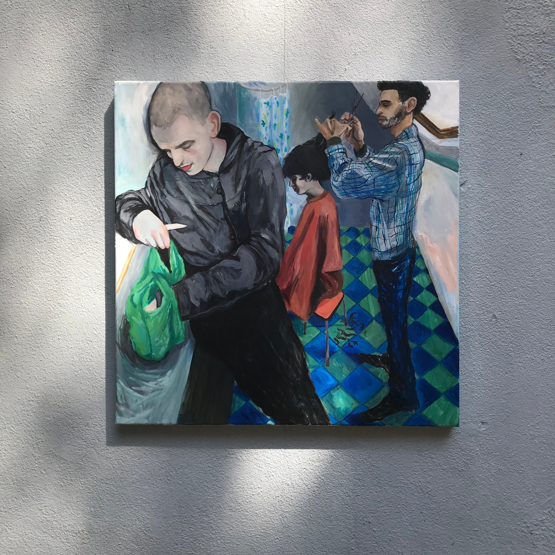 Le coiffeur ambulant et Maïakovski, huile sur toile, 80 x 80 cm, 2025