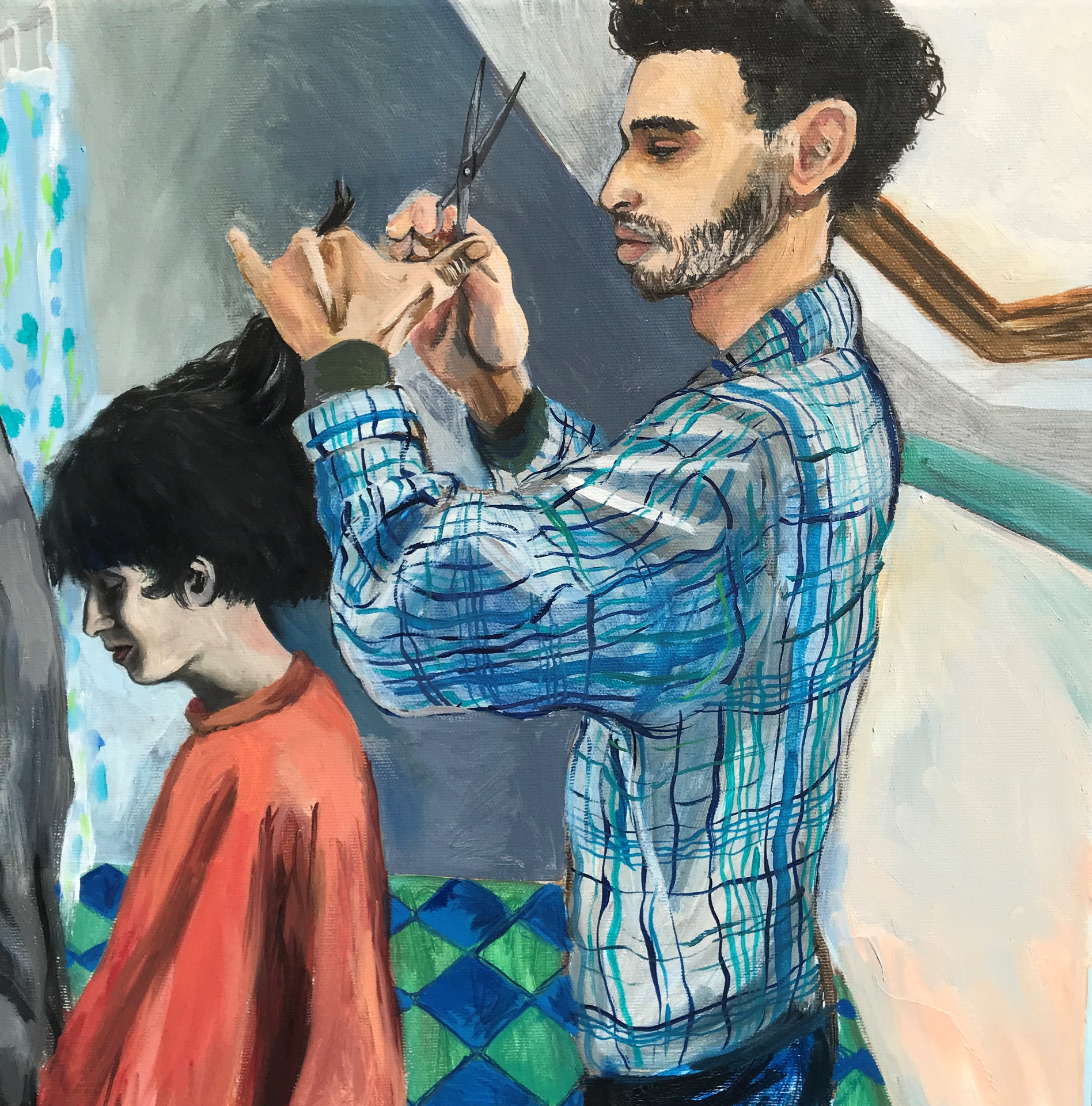 Le coiffeur ambulant et Maïakovski, huile sur toile, 80 x 80 cm, 2025 (détail)