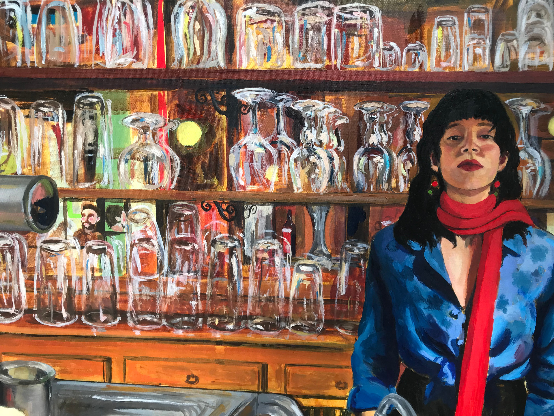 La serveuse de bocks, huile sur toile, 100 cm x 60 cm, 2025 (détail)