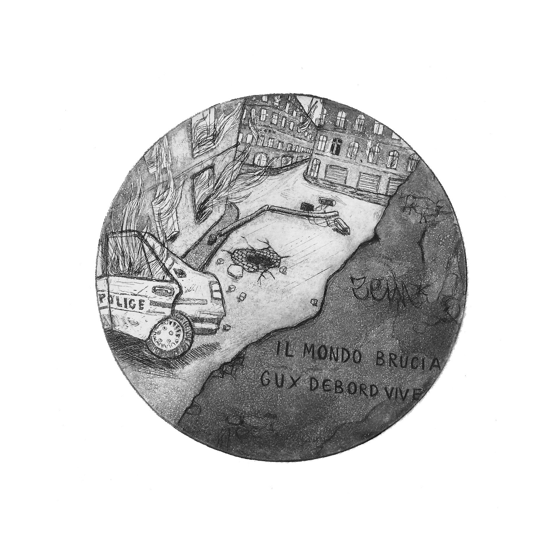 Il mondo brucia -le monde brûle-, eau-forte et aquatinte, 2025