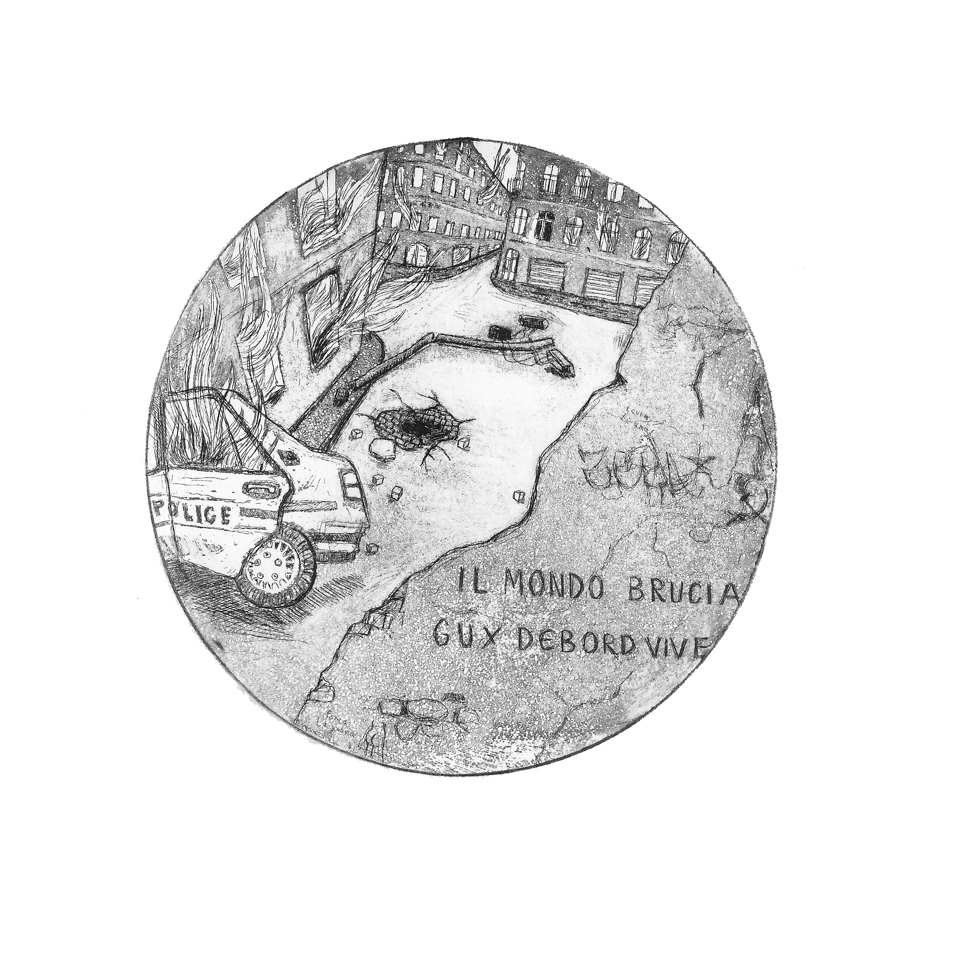 Il mondo brucia -le monde brûle-, eau-forte et aquatinte, 2025 (clair)